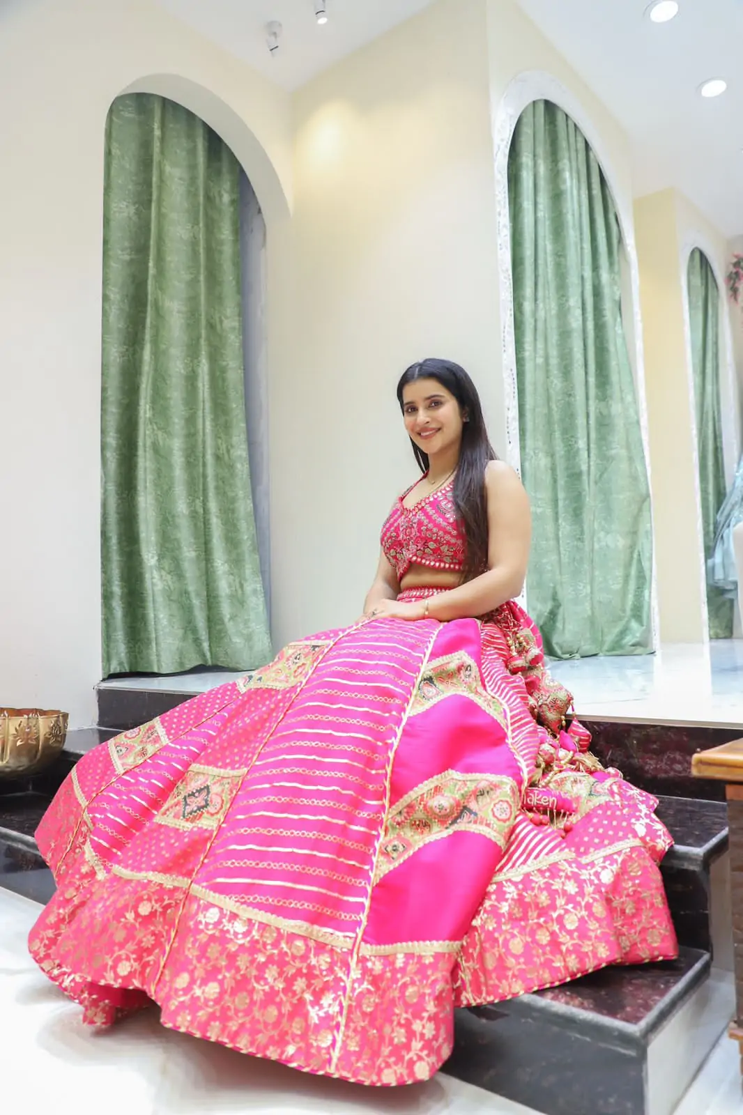 Hot pink Banarasi 2 Lehnga with mirror work